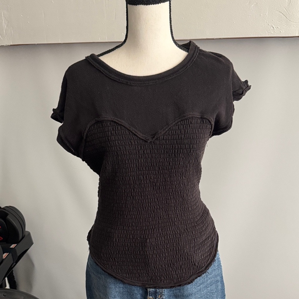 We The Free Black Smocked Short Sleeve Top